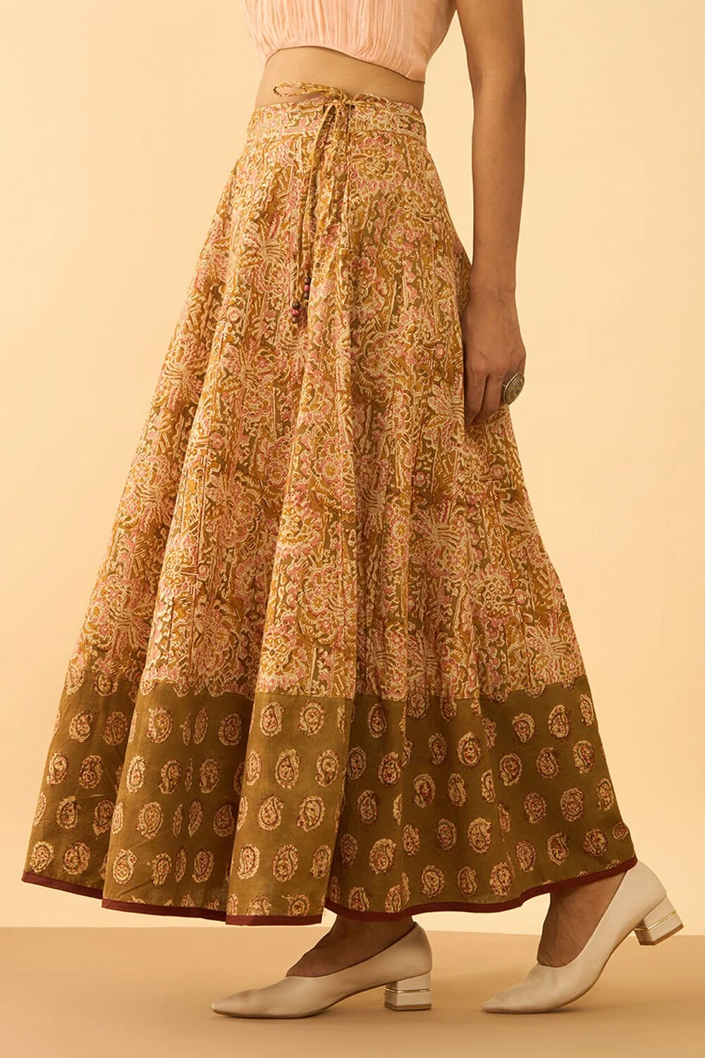 Light Green Printed Kalamkari Pure Cotton Ethnic Skirt