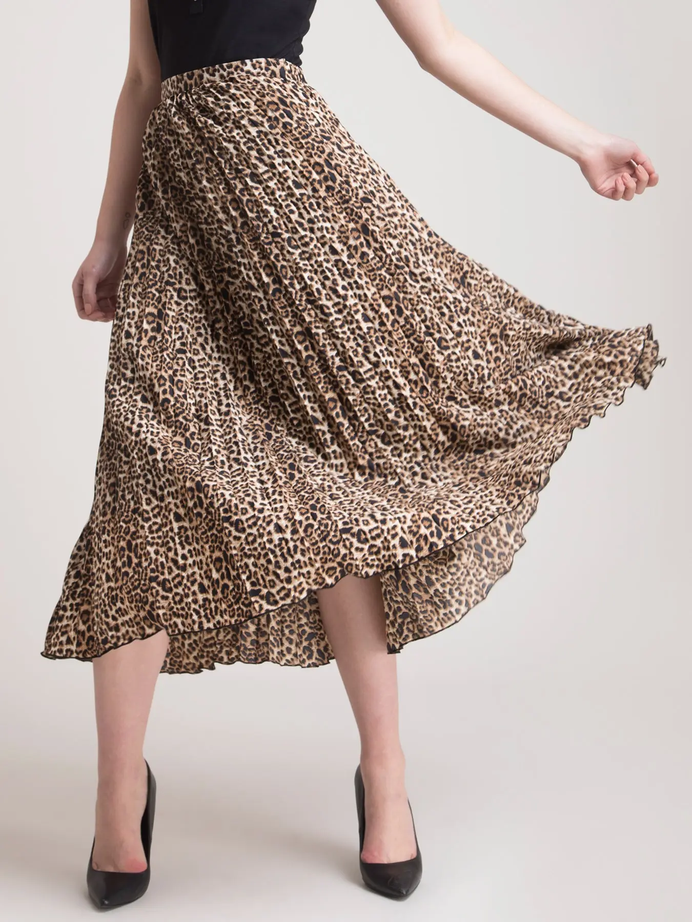 Pleated Flared Animal Print Midi Skirt Brown
