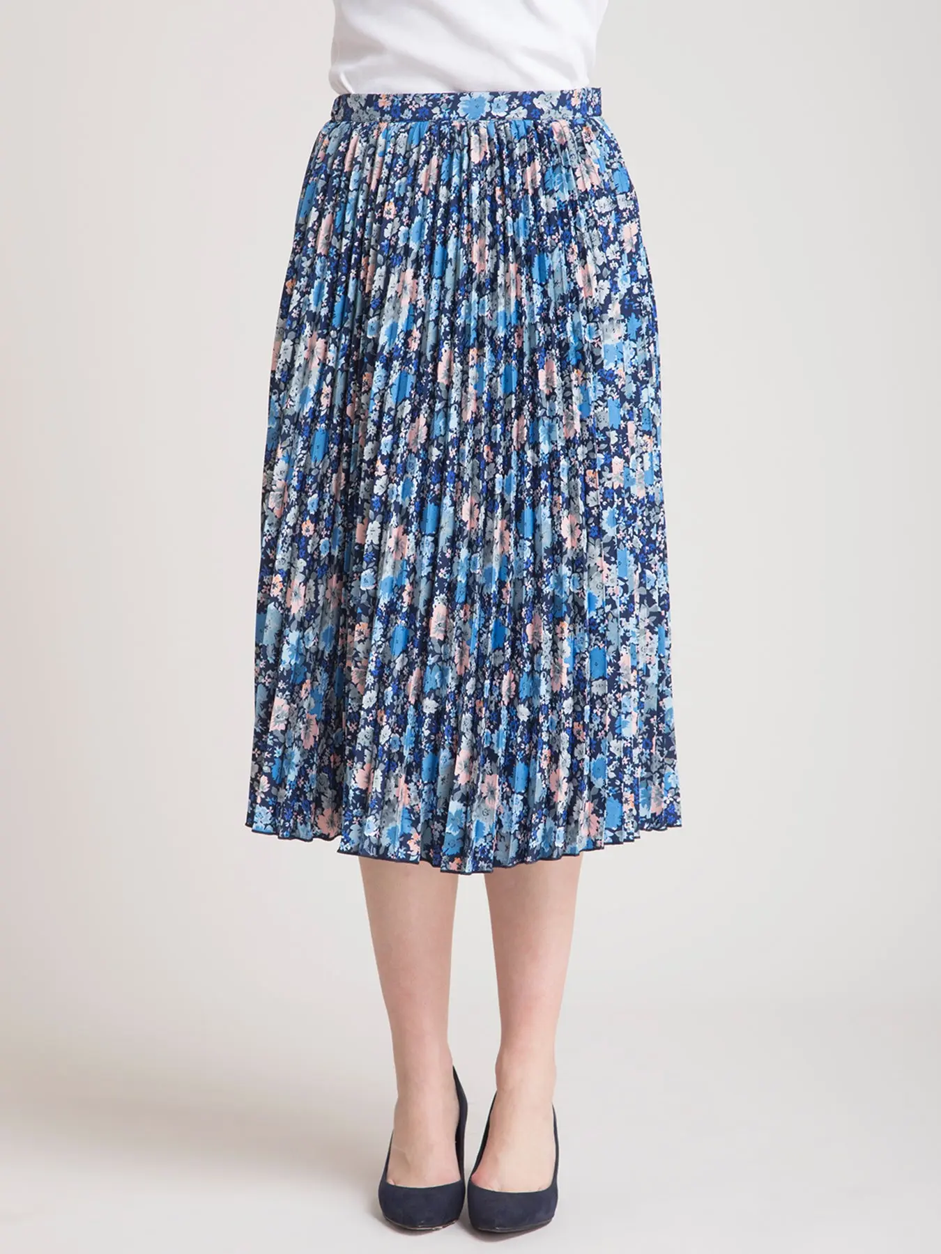 Pleated Flared Floral Midi Skirt Blue