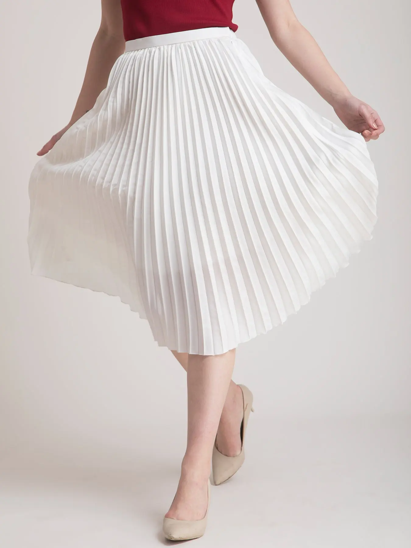 Pleated Flared Midi Skirt White