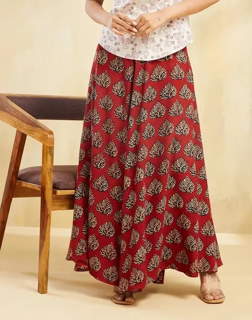 Red Rayon Blend Printed Skirt Maxi