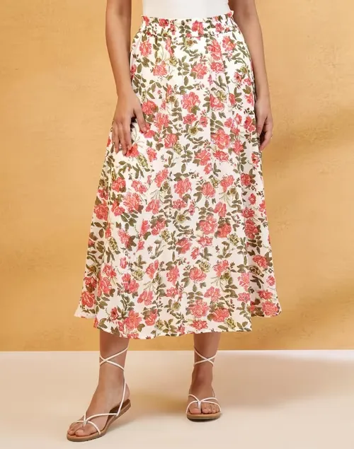 White Cotton Hand Block Printed Skirt Maxi