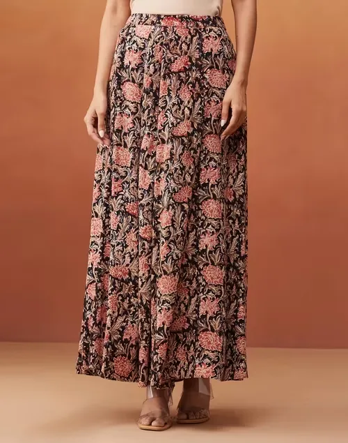 Black Viscose Kalamkari Printed Skirt Midi
