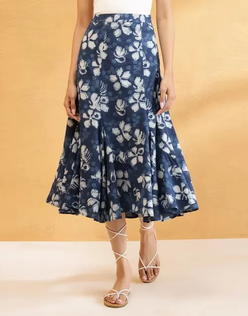 Blue Cotton Dabu Printed Bloom Skirt