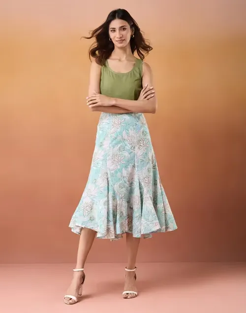 Blue Cotton Hand Block Printed Bloom Skirt