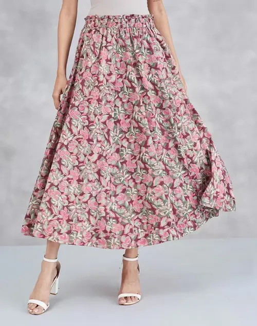 Brown Cotton Floral Midi Skirt