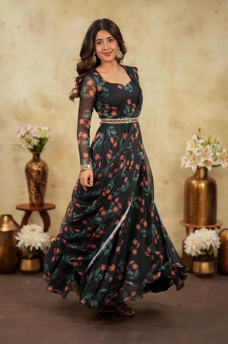 Navy Blue Designer Indo Western Saree Gown