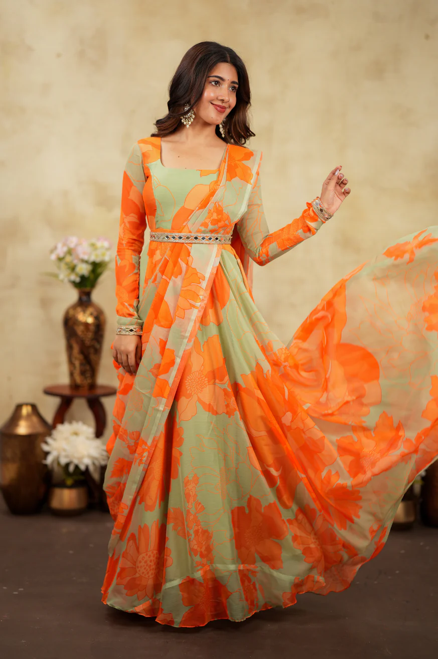 Orange Elegance Indo Western Pre Draped Saree Gown