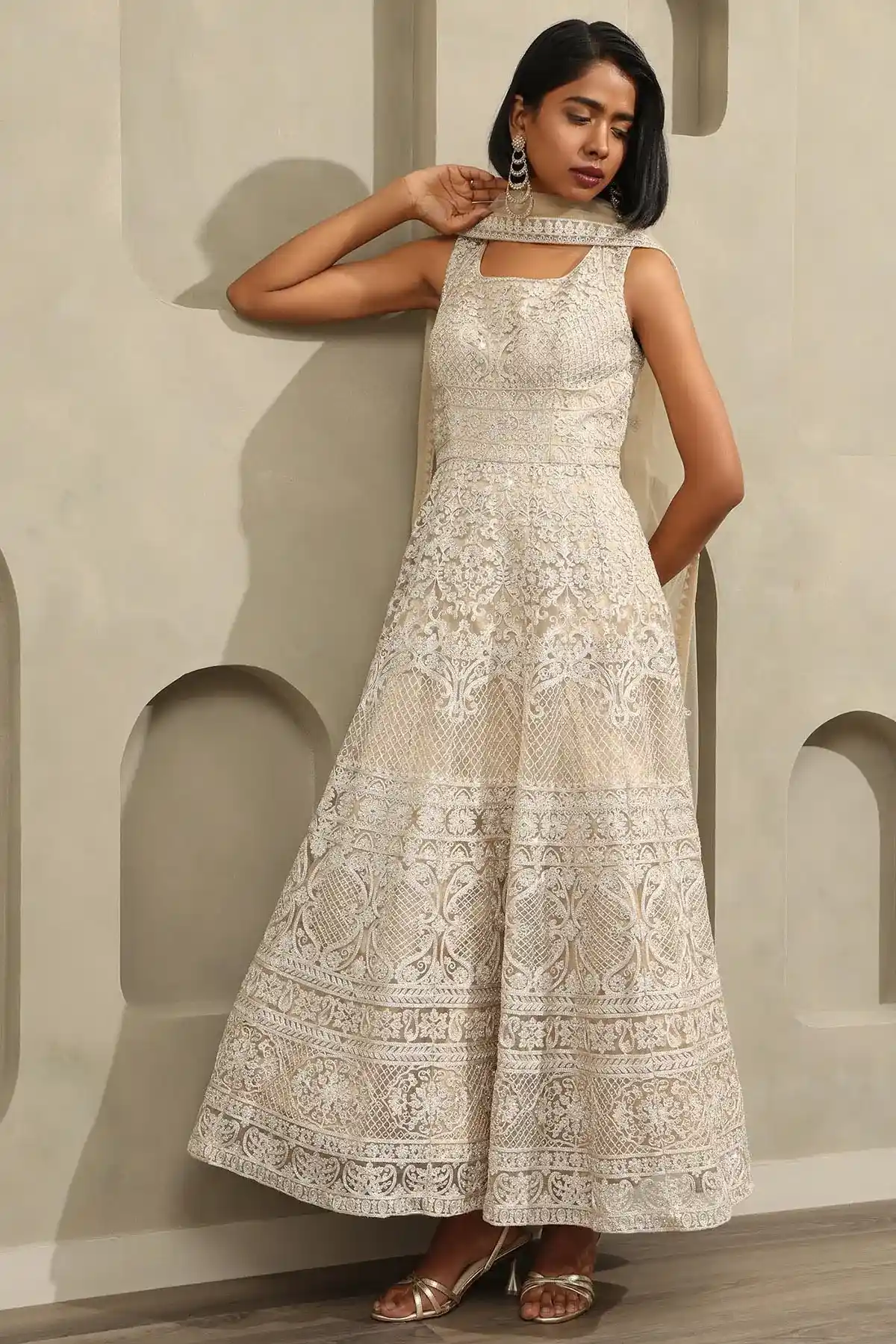 Beige Net Floral Embroidered Gown With Stone Work