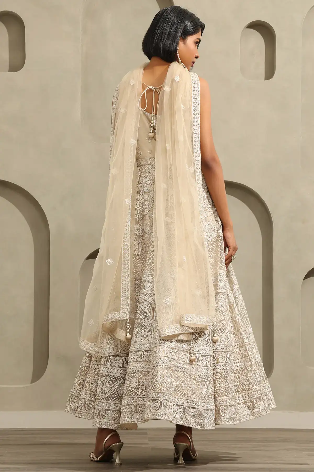 Beige Net Floral Embroidered Gown With Stone Work