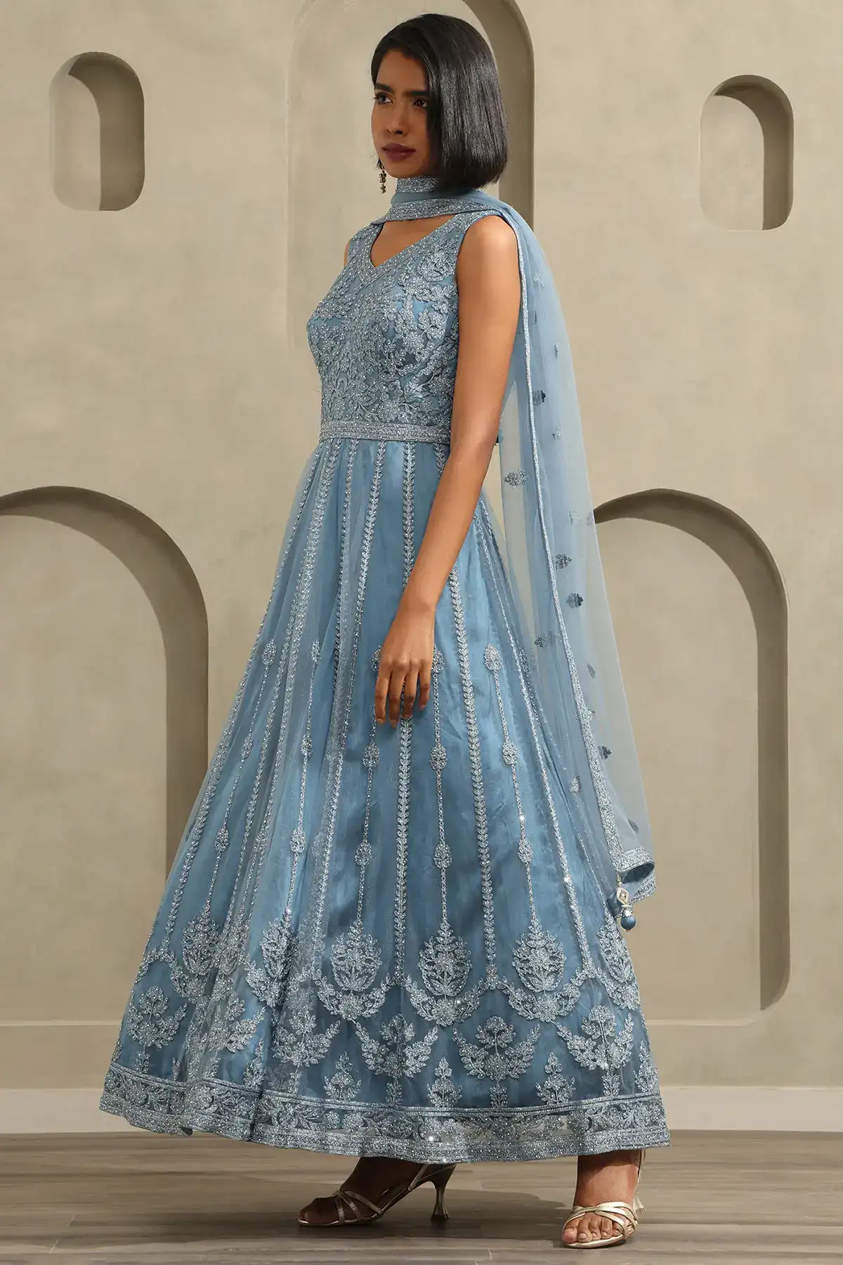 Blue Net Floral Embroidered Gown With Stone Work