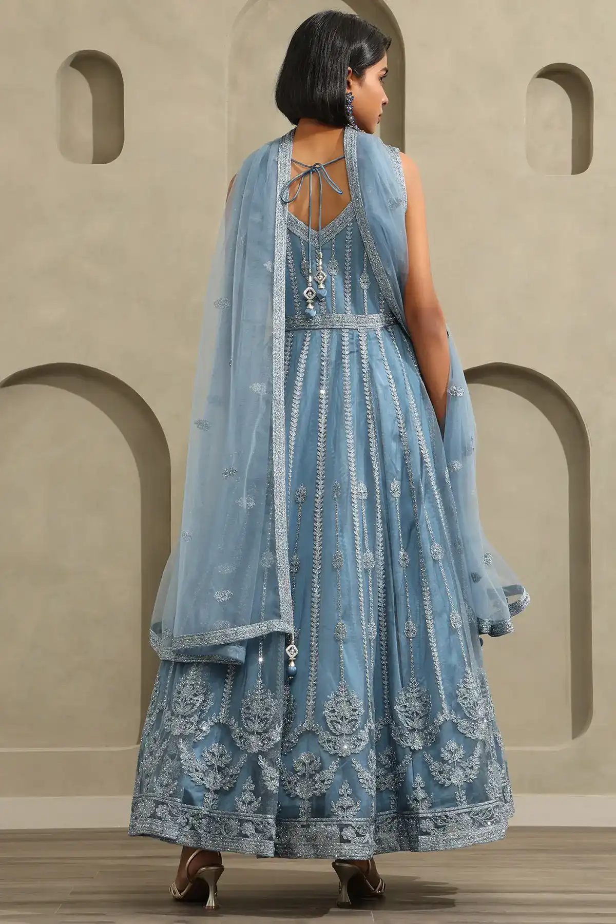 Blue Net Floral Embroidered Gown With Stone Work