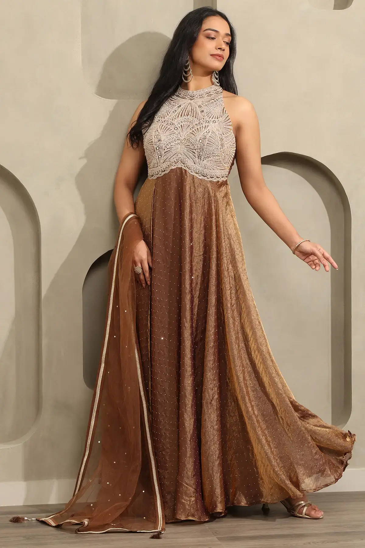 Fendi Ethnic Motifs Zardosi Embroidered Gown With Mirror Work
