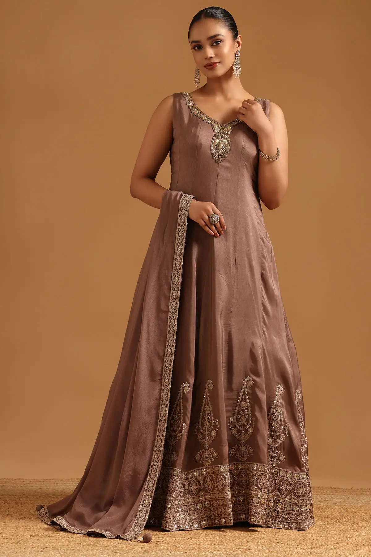Earth Dola Silk Ethnic Motifs Zari Embroidered Gown With Cutdana