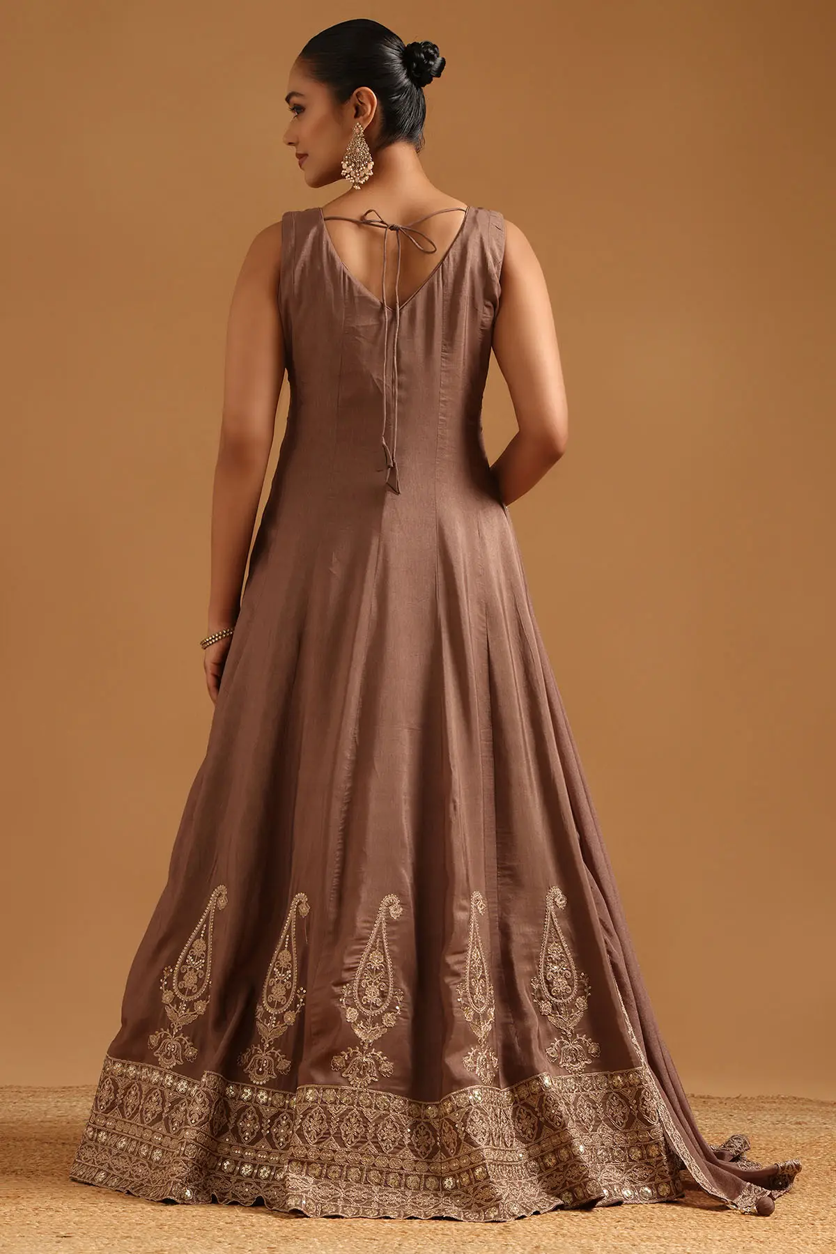Earth Dola Silk Ethnic Motifs Zari Embroidered Gown With Cutdana