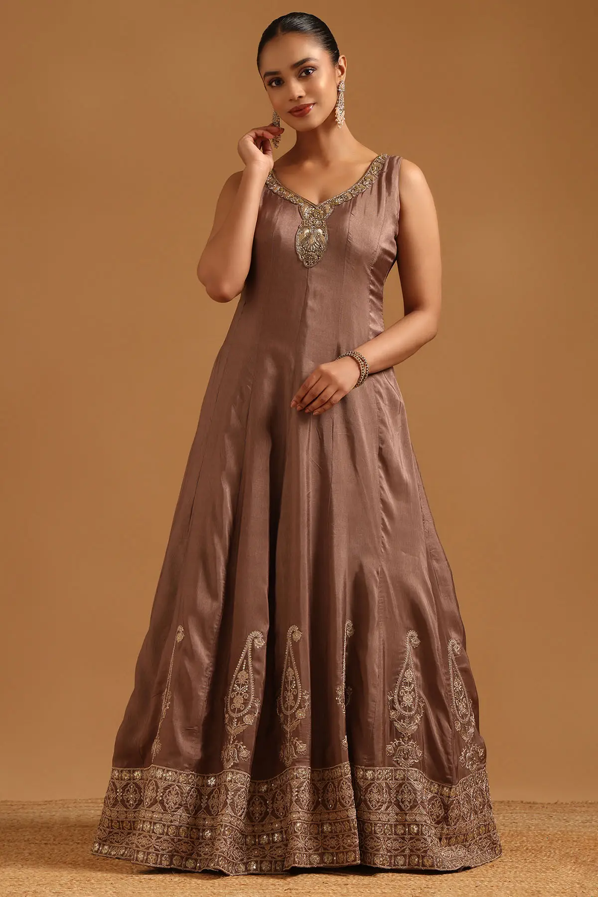 Earth Dola Silk Ethnic Motifs Zari Embroidered Gown With Cutdana