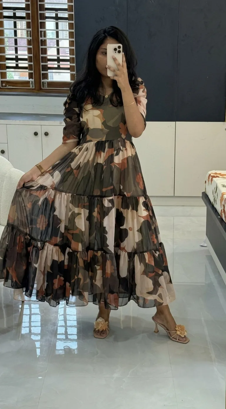 Midnight Bloom Tiered Alfino Chiffon Maxi Gown