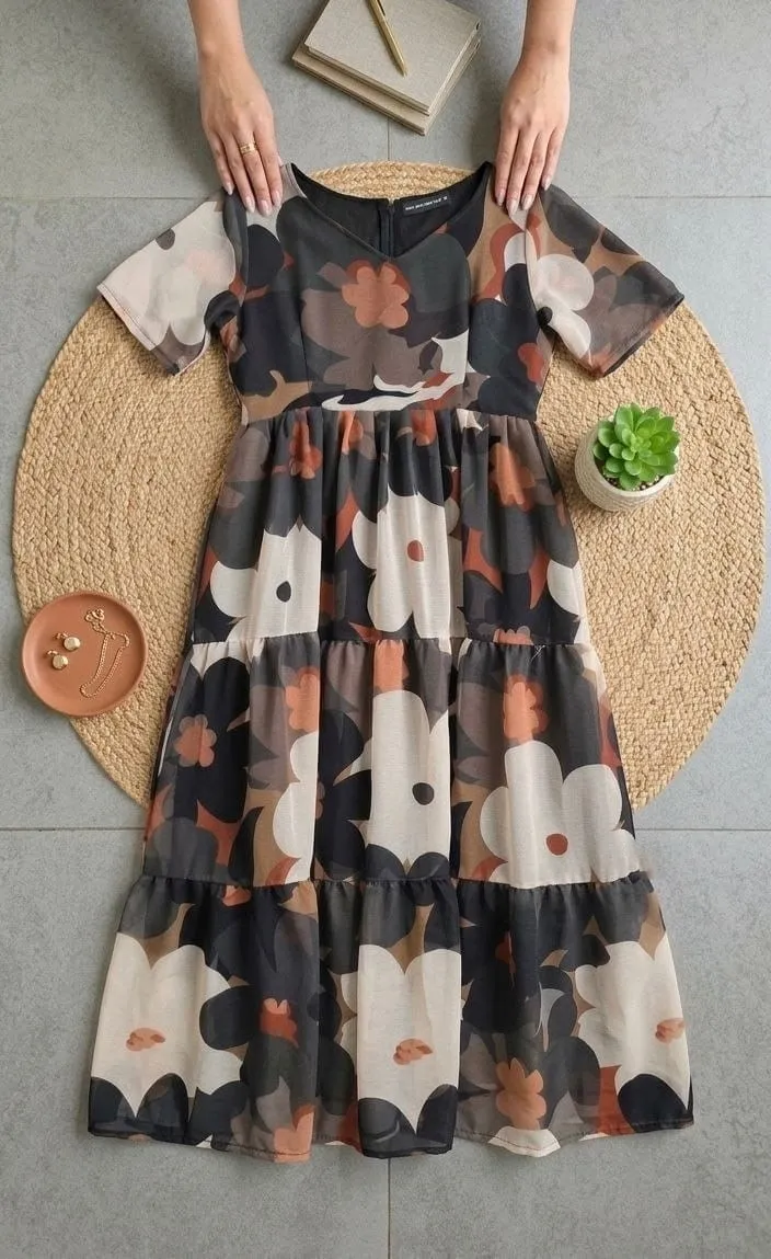 Midnight Bloom Tiered Alfino Chiffon Maxi Gown