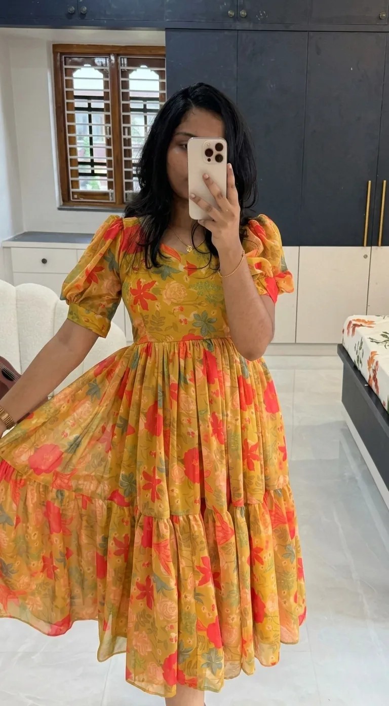 Sunlit Floral Tiered Alfino Chiffon Maxi Gown