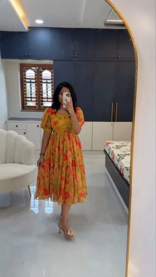 Sunlit Floral Tiered Alfino Chiffon Maxi Gown