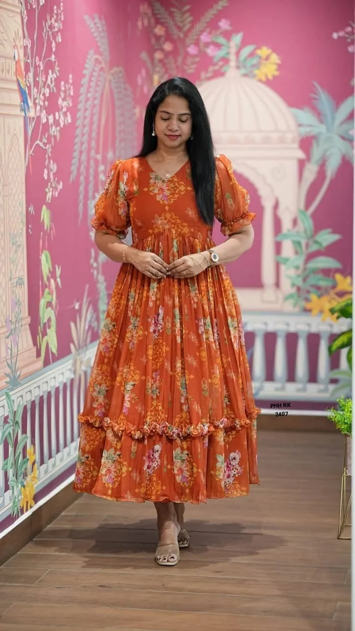 Premium Floral Printed Georgette Gown Dress