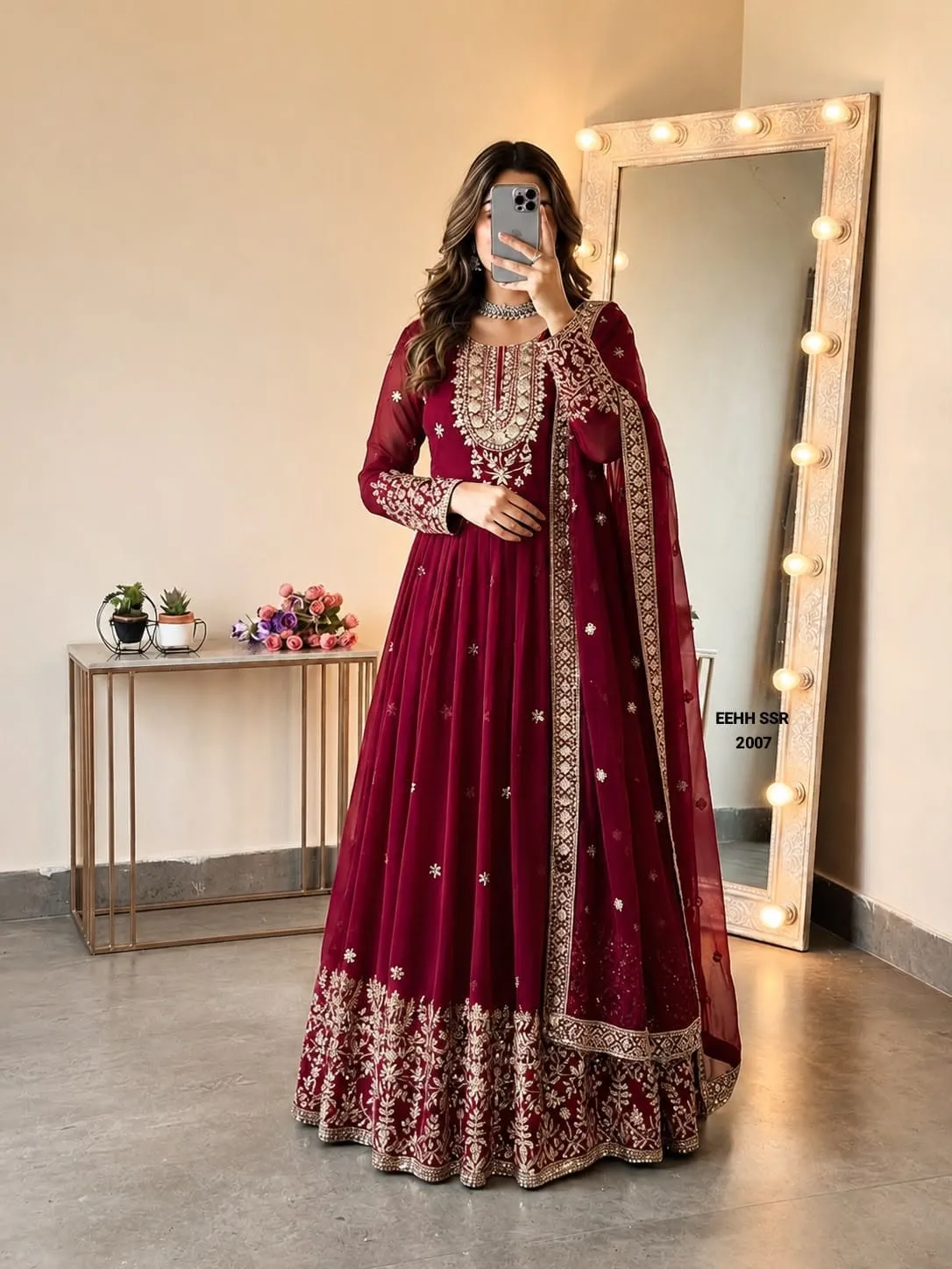 Pearl White Heavy Embroidered Sequence Georgette Anarkali Gown Set