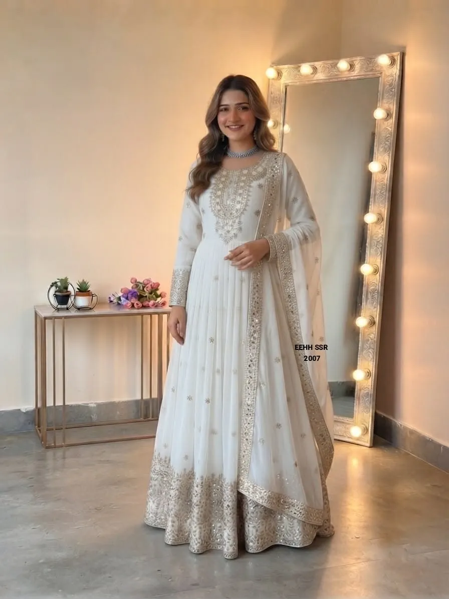 Pearl White Heavy Embroidered Sequence Georgette Anarkali Gown Set