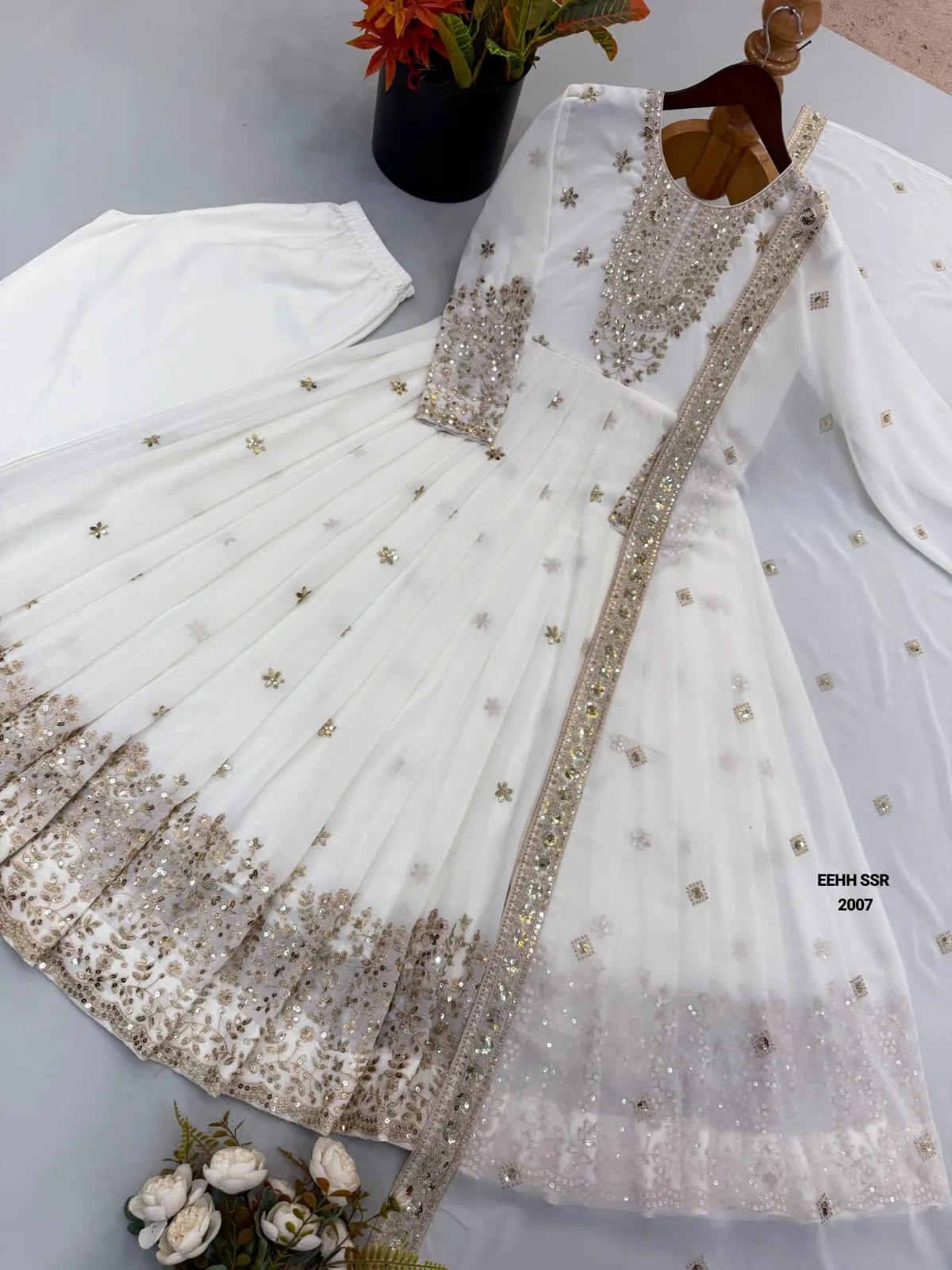 Pearl White Heavy Embroidered Sequence Georgette Anarkali Gown Set