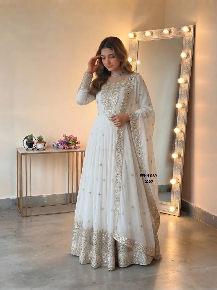 Pearl White Heavy Embroidered Sequence Georgette Anarkali Gown Set