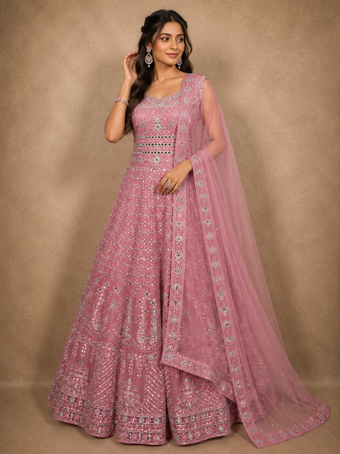 Soft Blush Rose Pink Floral Thread and Mirror Embroidered Design Net Anarkali Gown with Dupatta
