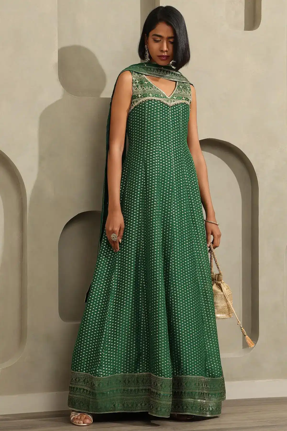 Green Georgette Zari Woven Gown With Beads And Stones