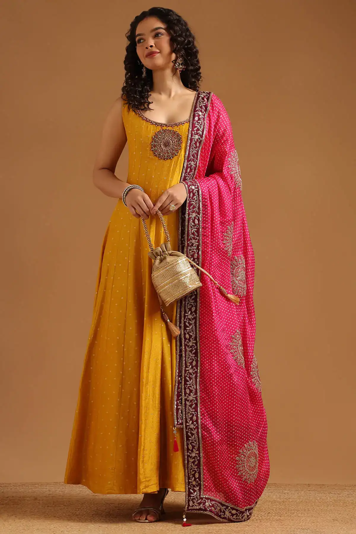 Mustard Viscose Blend Zari Embroidered Gown With Zardosi