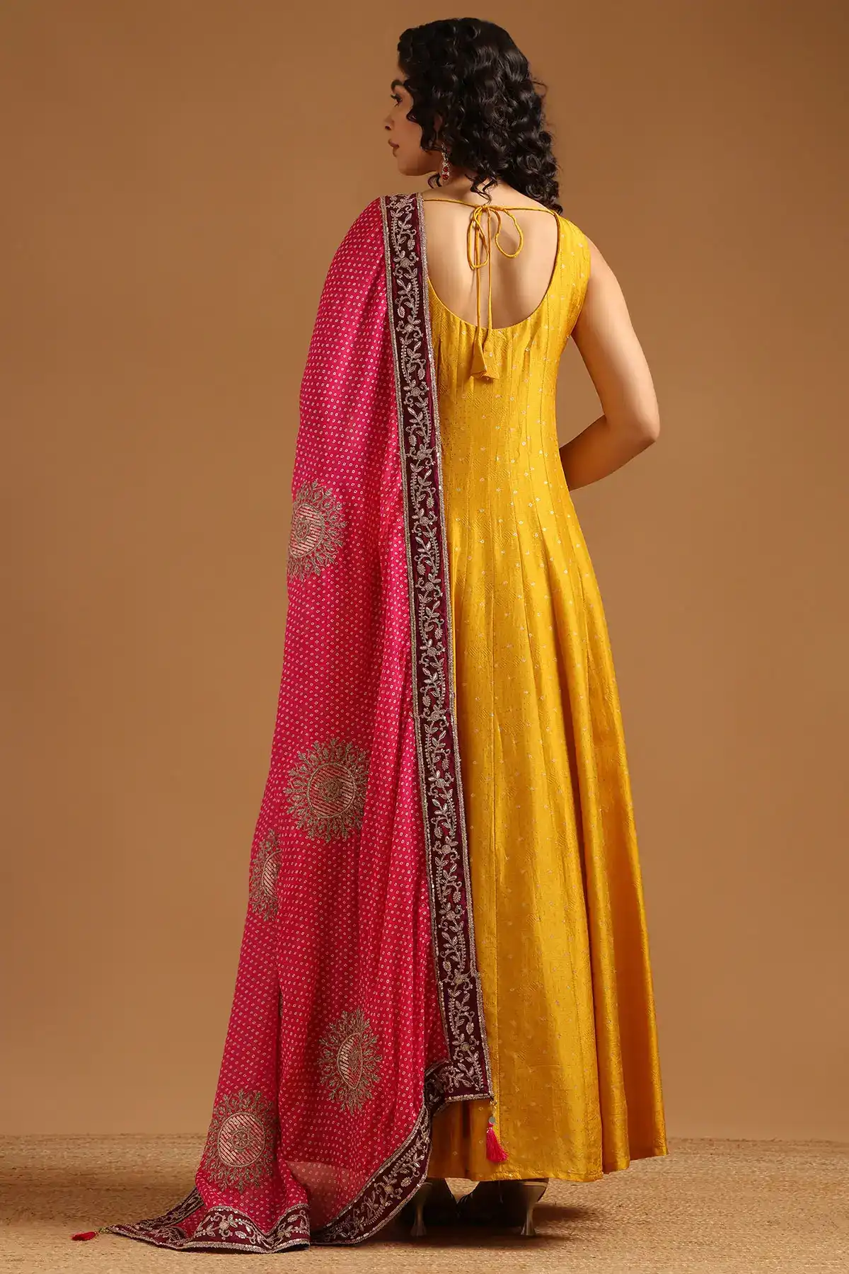 Mustard Viscose Blend Zari Embroidered Gown With Zardosi