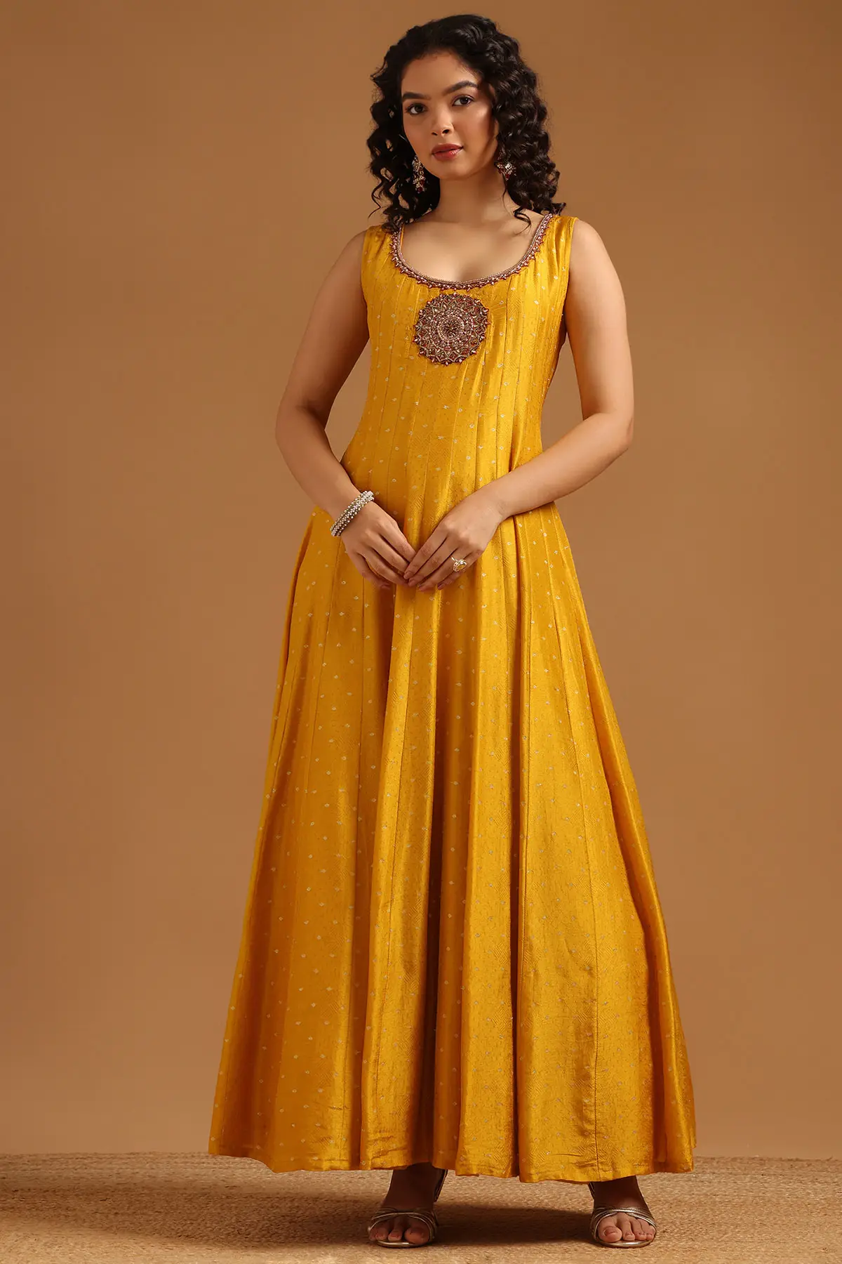 Mustard Viscose Blend Zari Embroidered Gown With Zardosi