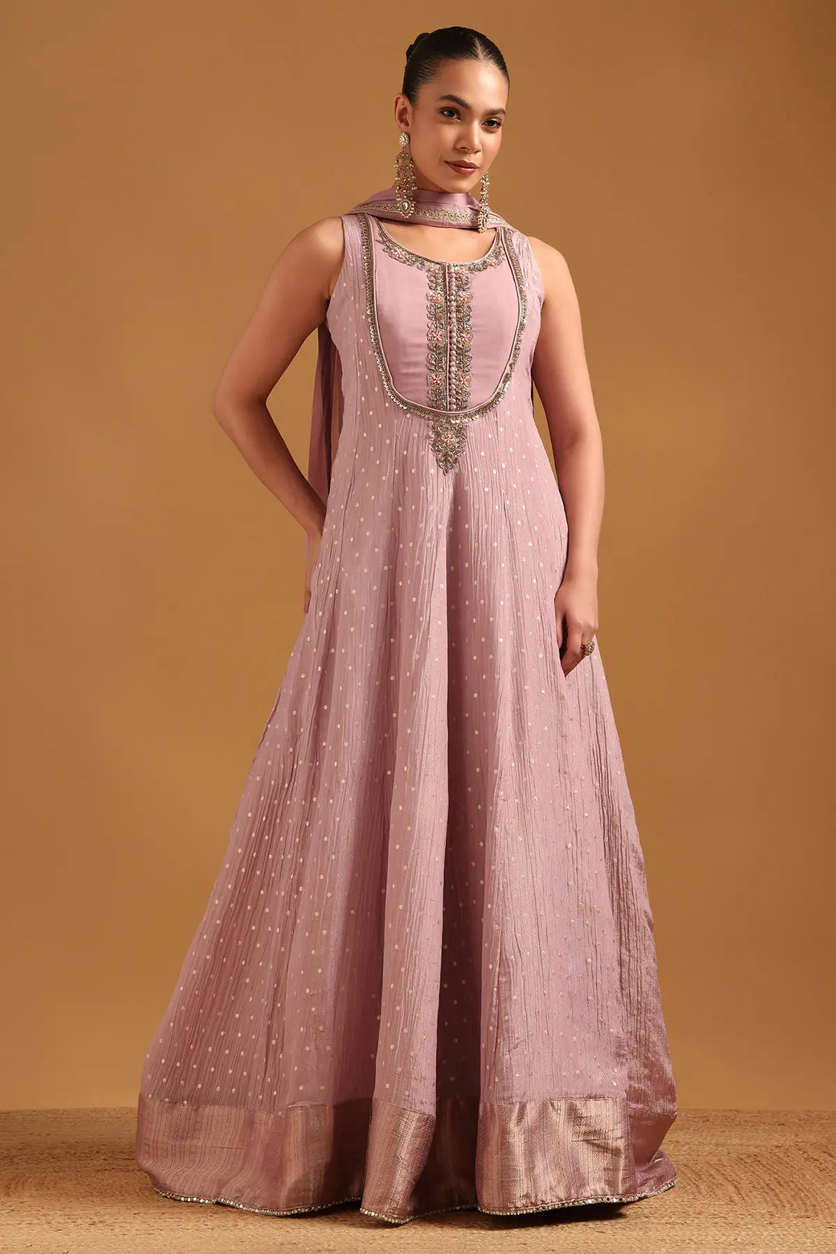 Onion Pink Tissue Brocade Zari Woven Aari Embroidery Gown