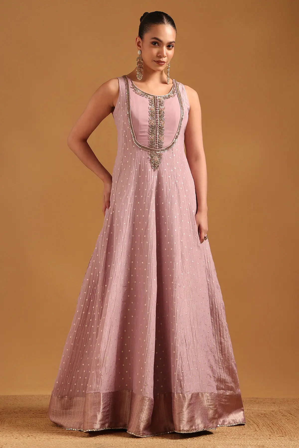 Onion Pink Tissue Brocade Zari Woven Aari Embroidery Gown