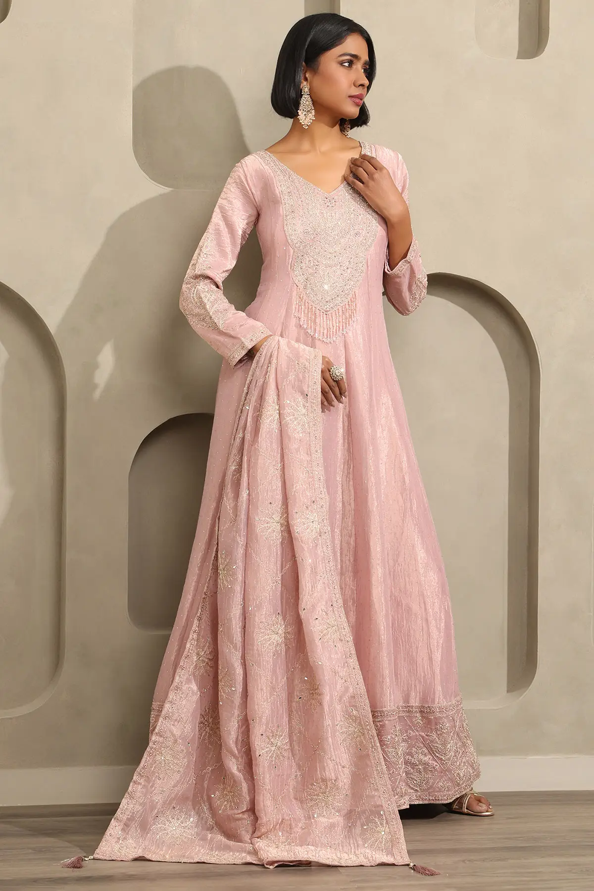 Onion Pink Tissue Zari Embroidered Gown With Beans And Stone