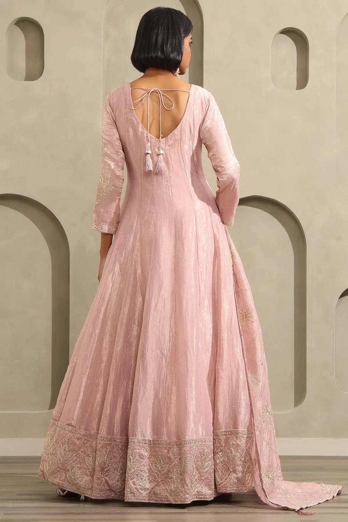 Onion Pink Tissue Zari Embroidered Gown With Beans And Stone