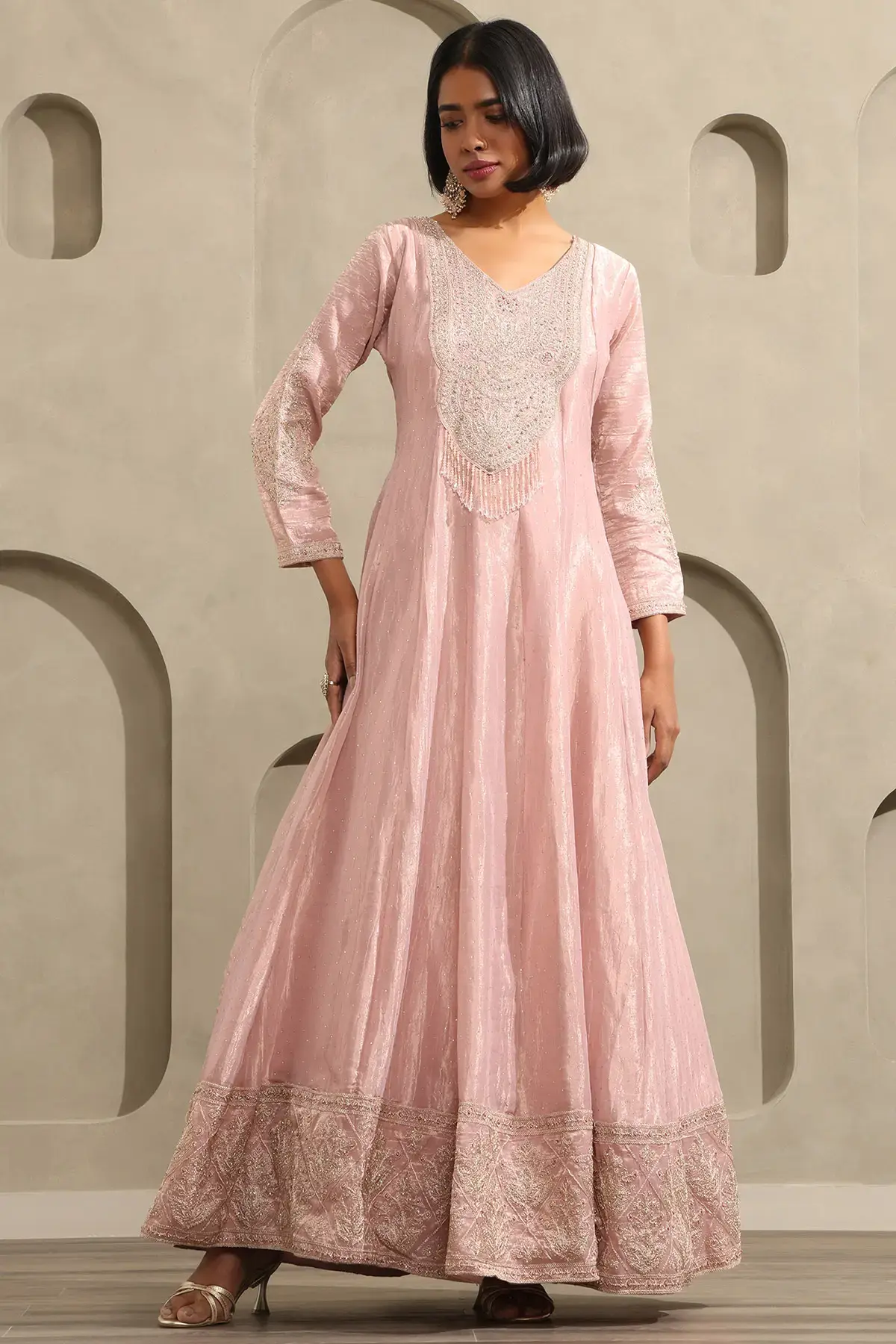 Onion Pink Tissue Zari Embroidered Gown With Beans And Stone
