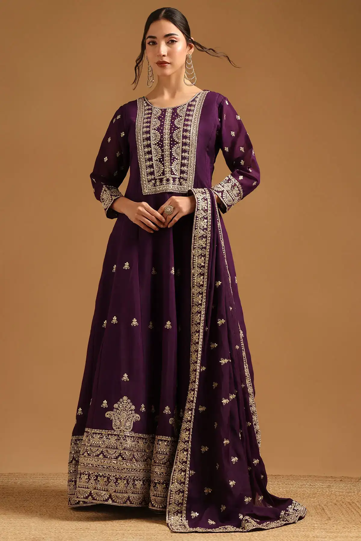 Purple Chanderi Zari Embroidered Gown With Sequins And Pearl