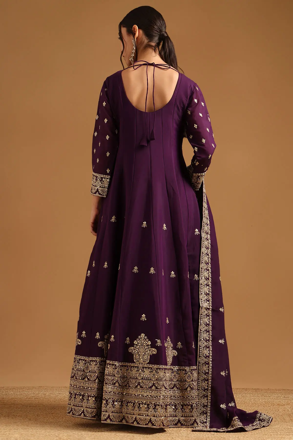 Purple Chanderi Zari Embroidered Gown With Sequins And Pearl