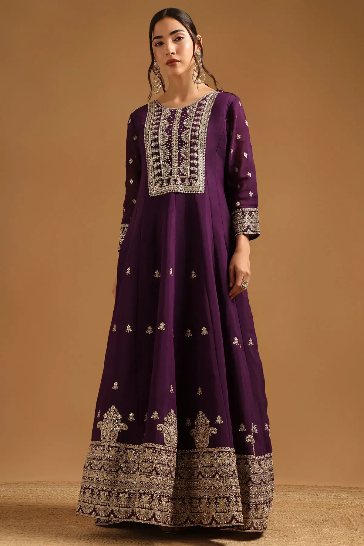 Purple Chanderi Zari Embroidered Gown With Sequins And Pearl