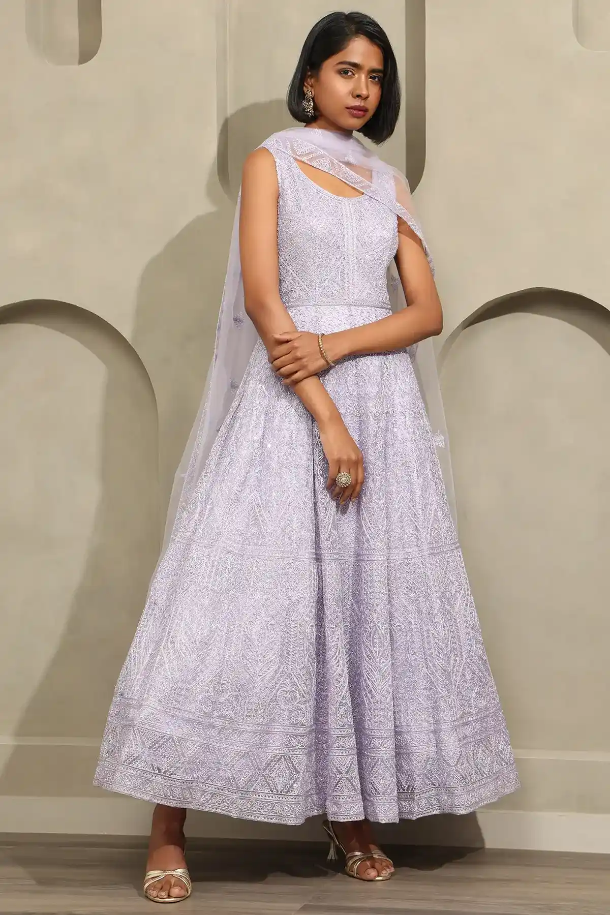 Purple Net Floral Embroidered Gown With Stone Work