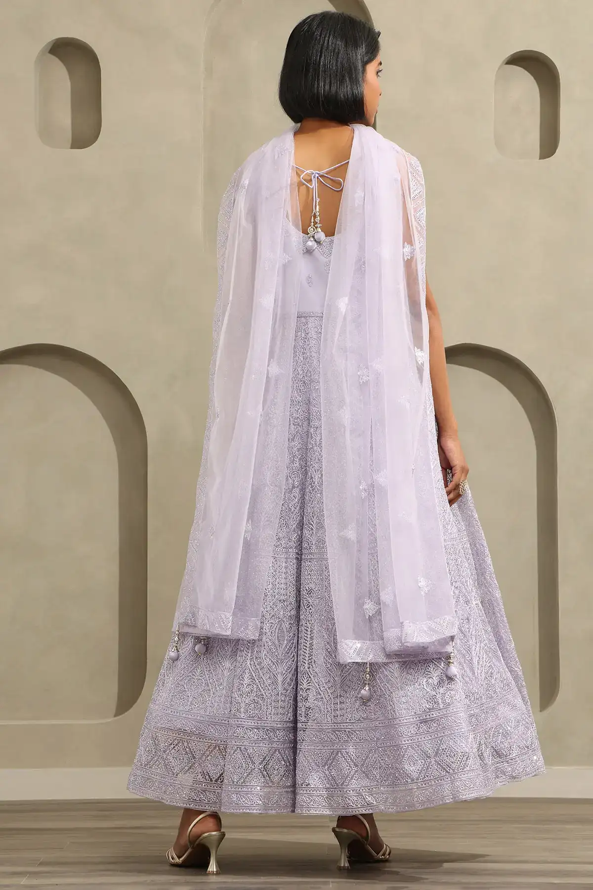 Purple Net Floral Embroidered Gown With Stone Work