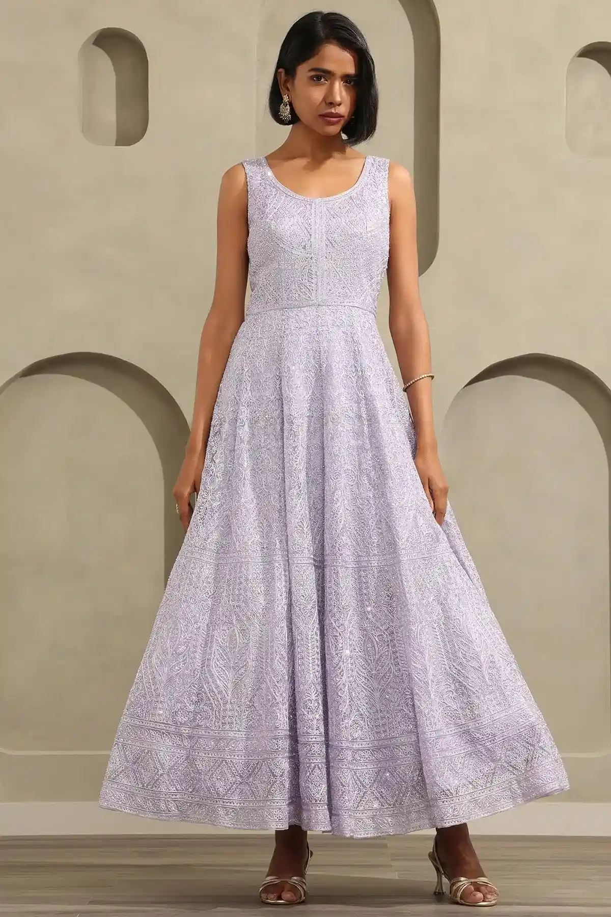 Purple Net Floral Embroidered Gown With Stone Work