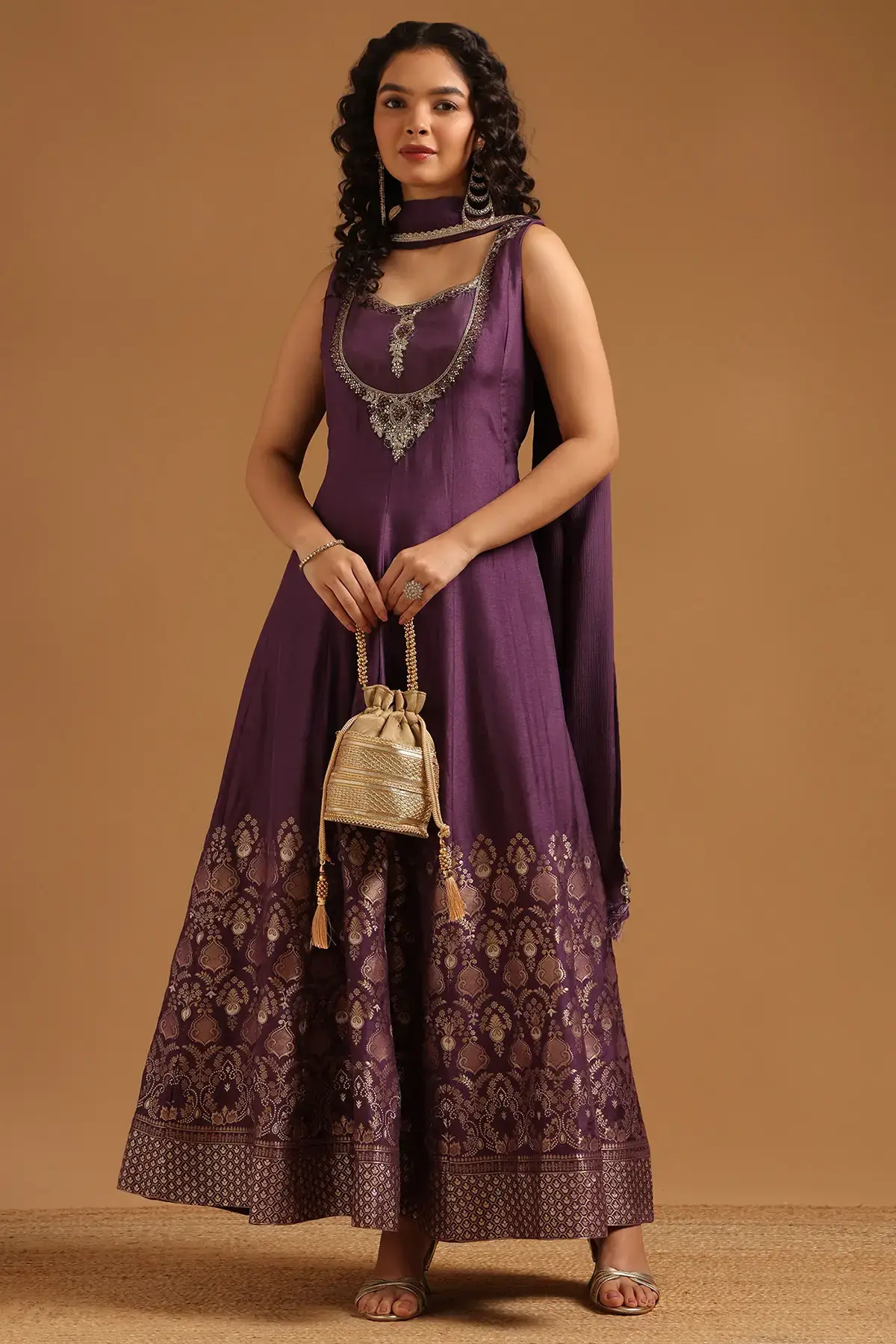 Purple Viscose Brocade Zari Woven Gown With Beads And Stones