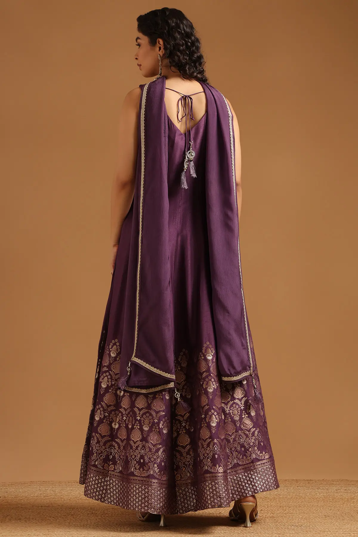 Purple Viscose Brocade Zari Woven Gown With Beads And Stones