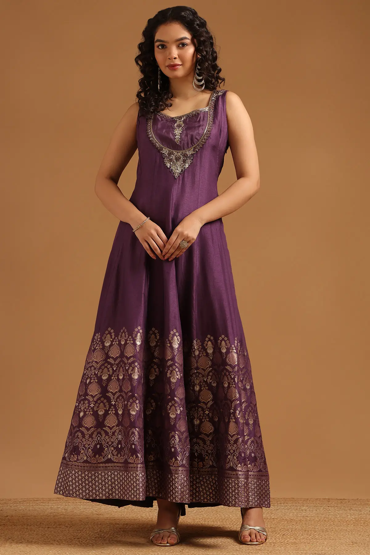 Purple Viscose Brocade Zari Woven Gown With Beads And Stones