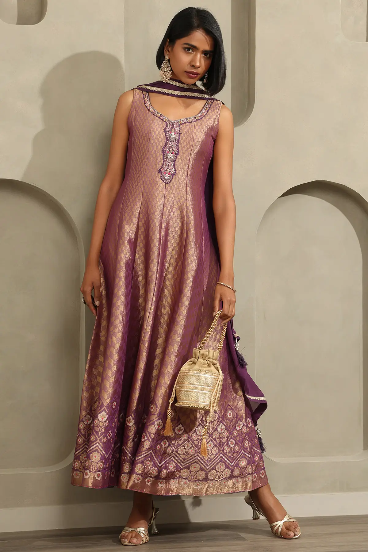 Purple Viscose Zari Woven Gown With Beads And Stones