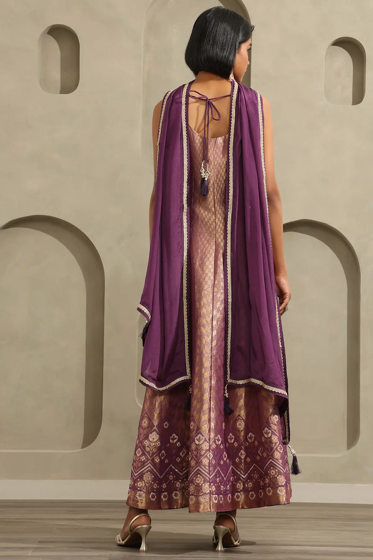 Purple Viscose Zari Woven Gown With Beads And Stones